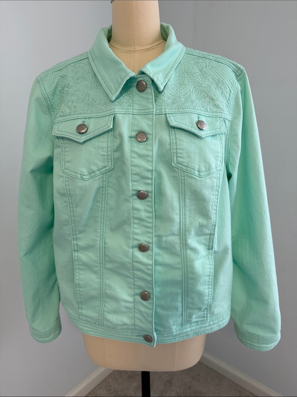 Christopher & Banks Mint Green Denim Jacket with Embroidered Yoke SZXL